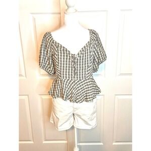 BP Gingham Puff Sleeve Folk Cottagecore Peplum Top